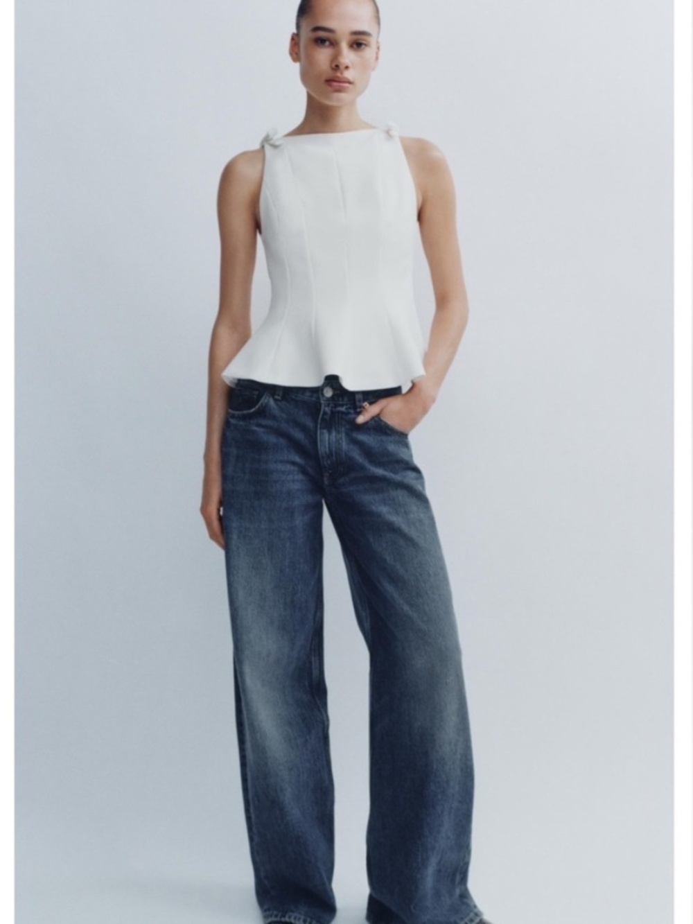 Zara White Peplum Bow Fitted Boatneck Top Size Medium